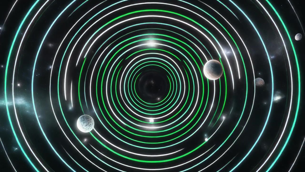 Abstract Animation of Glowing Planets Orbiting in Concentric Circles