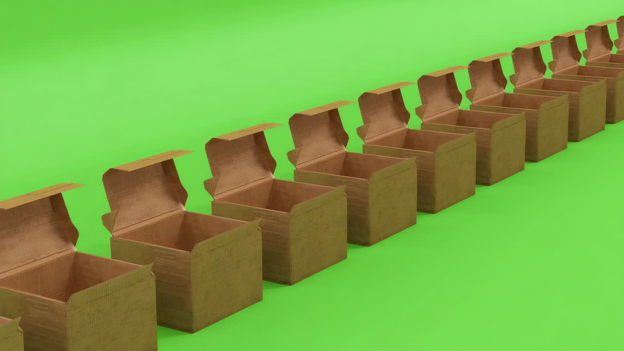 Moving camera revealing diagonal row of open brown cardboard boxes on green screen, soft shadows