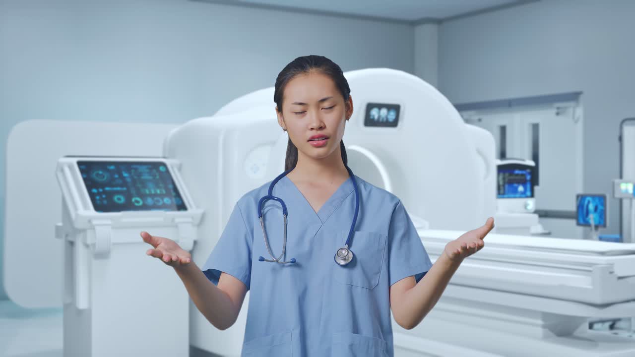 Asian Female Doctor Showing Puzzled Gesture And Saying What With Mri Machine