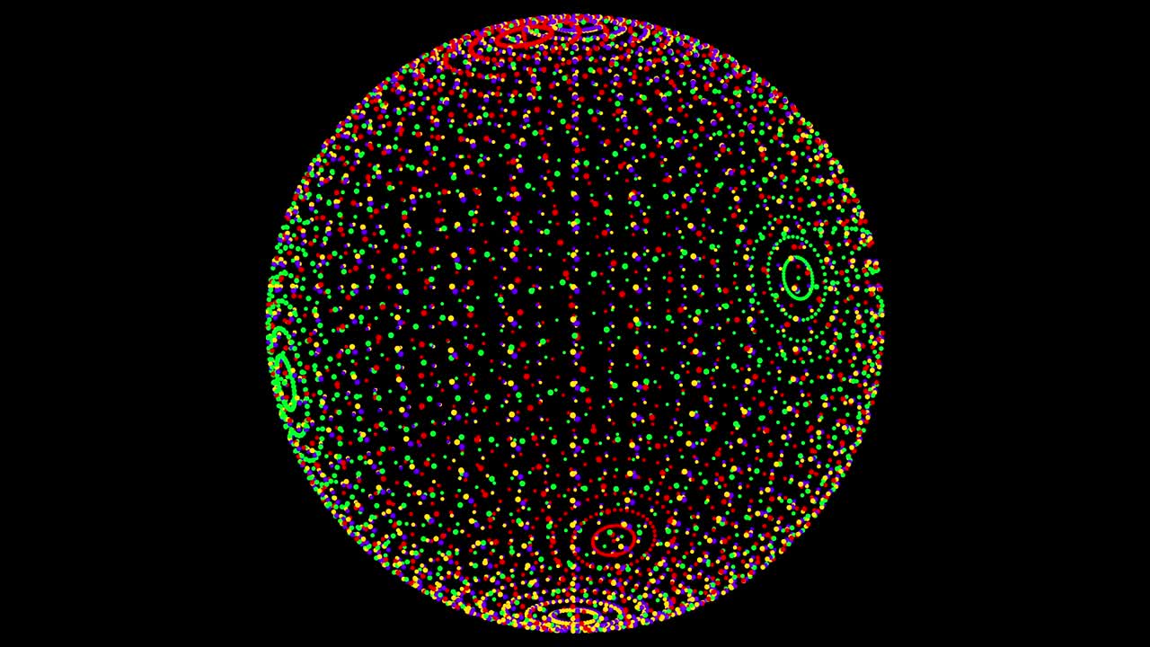 Loop rotate sphere animation cycle. Colorful dots on black background