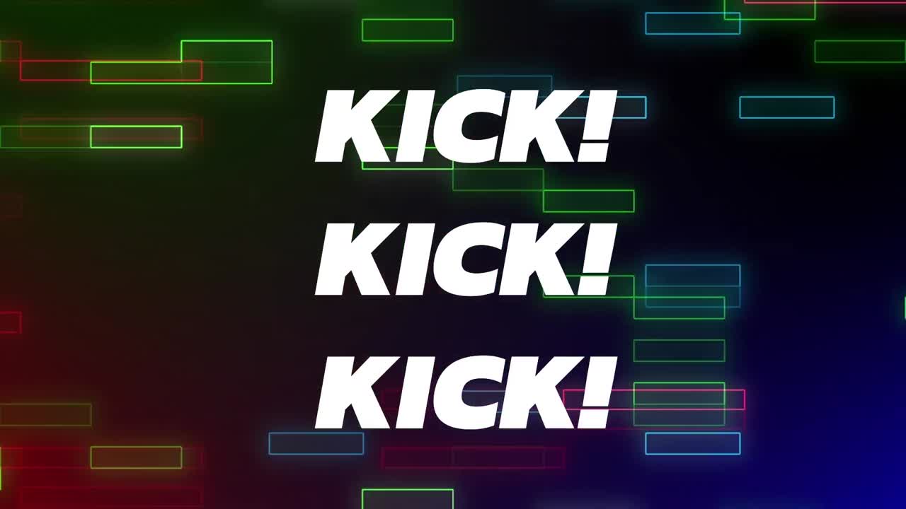 animación de texto de patada sobre formas en fondo negro