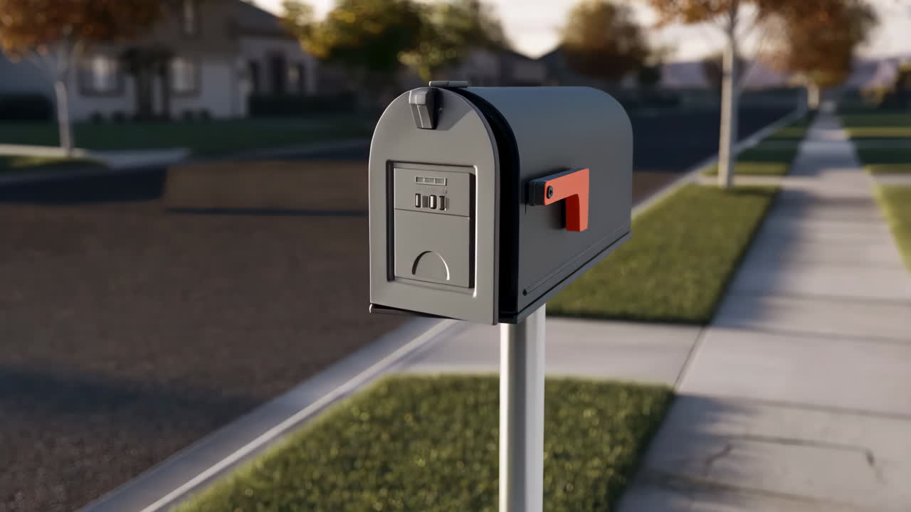 A smart mailbox on a suburban street, showing its open, closed empty, and closed with mail states