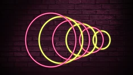 animación de círculos de neón sobre una pared de ladrillo rojo oscuro