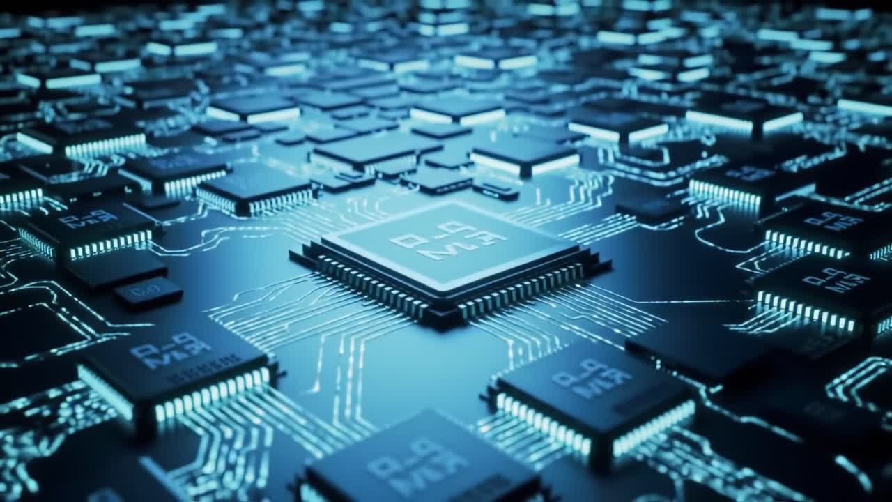 An In-Depth Glimpse Into the Intricate Design and Technology of Modern Microchips on a Circuit Board Illuminated by Blue LED Light