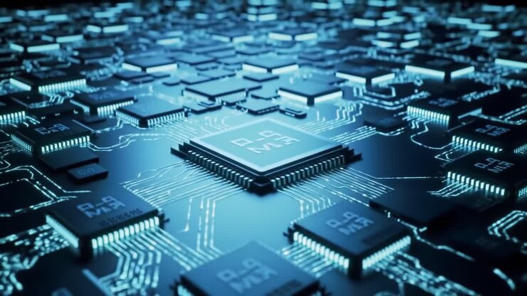 An In-Depth Glimpse Into the Intricate Design and Technology of Modern Microchips on a Circuit Board Illuminated by Blue LED Light