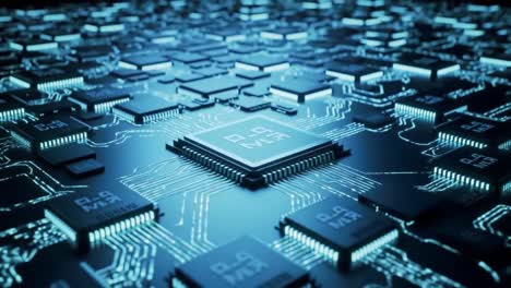 an in-depth glimpse into the intricate design and technology of modern microchips on a circuit board illuminated by blue led light