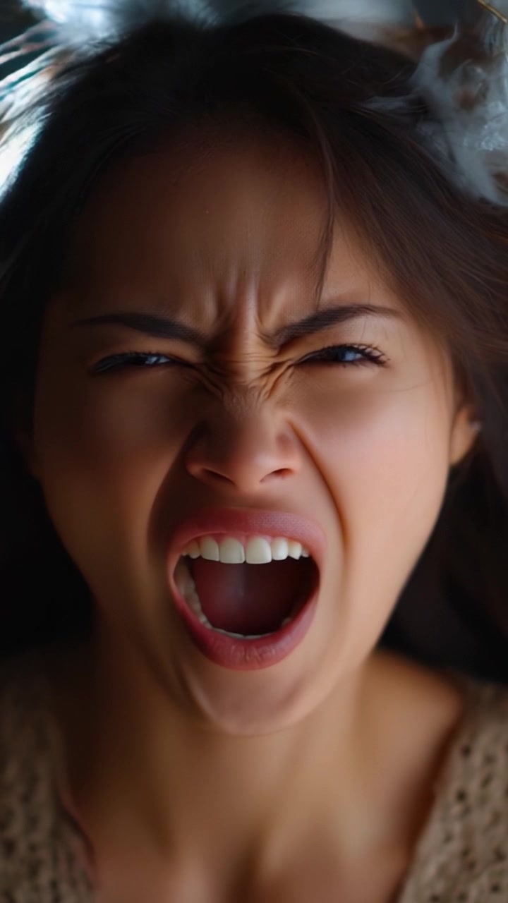 Intense Emotional Expression Captured in a Moment of Raw Anger and Frustration from a Video Frame of a Young Woman's Powerful Outburst.