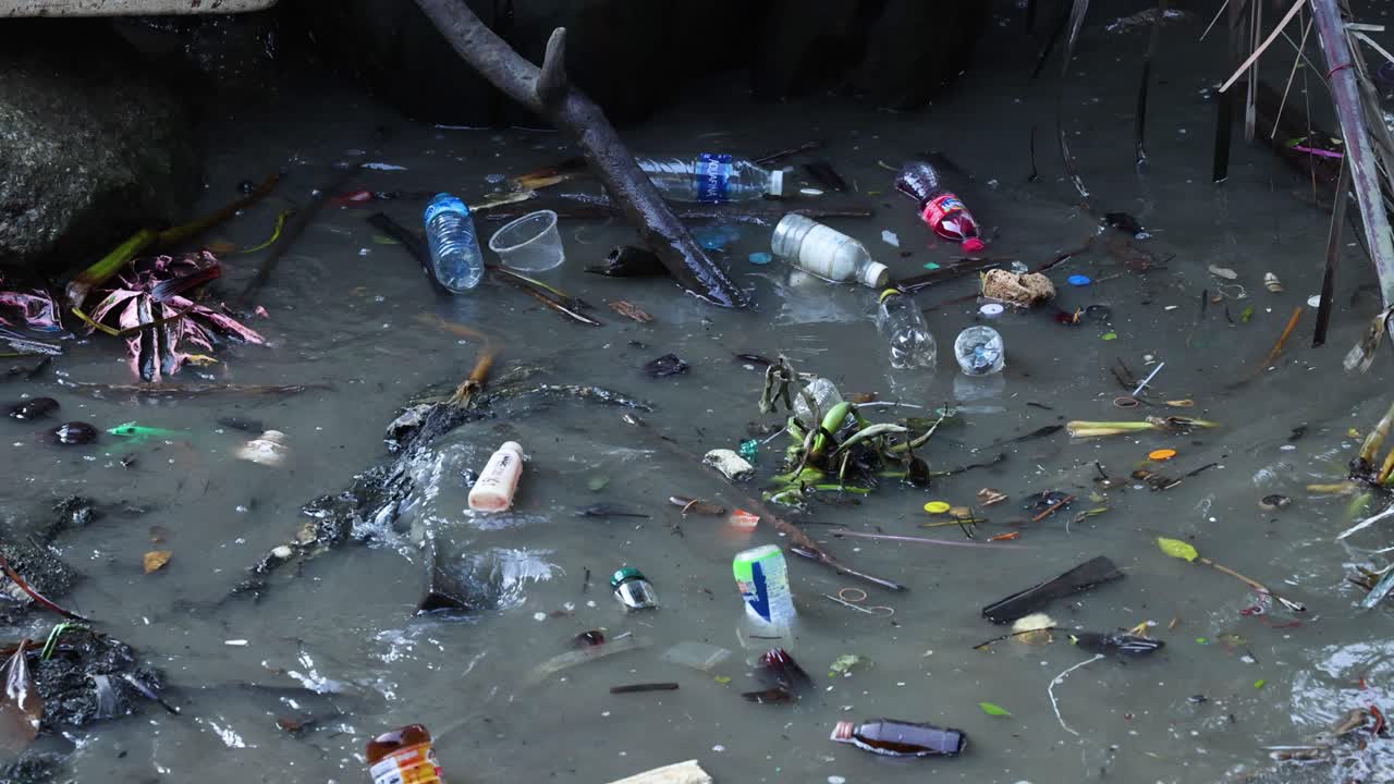 Littered river surface with various floating trash
