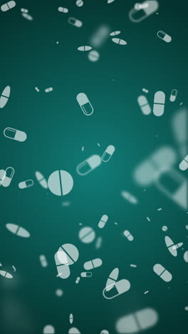 hand drawn icons of tablets and pills floating on green background. medical loop animation. vertical video.