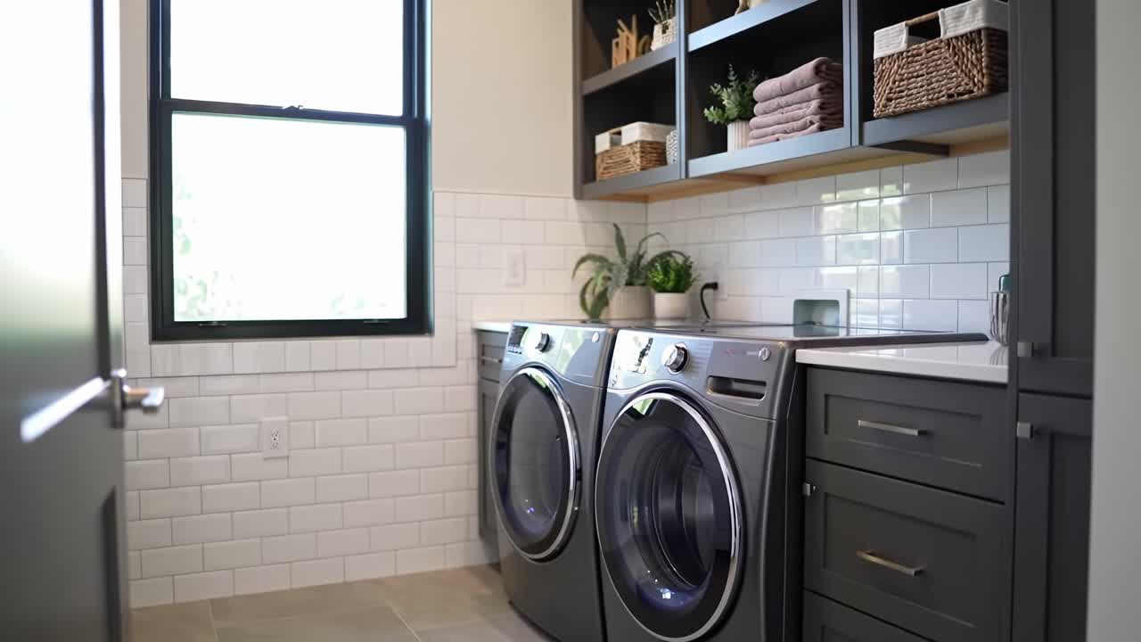 Modern Laundry Room with Stylish Appliances and Organized Shelving Featuring Grey Washers, Neatly Folded Towels, and Decorative Plants Under Natural Light