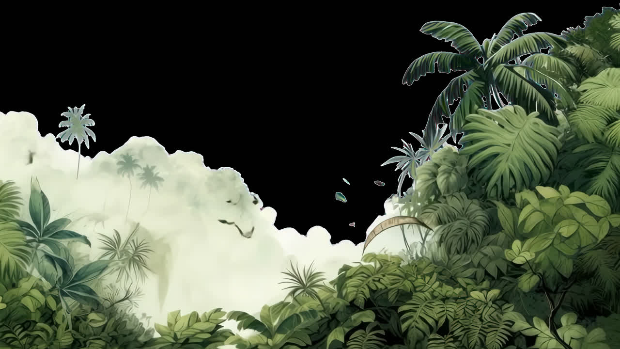 Lush tropical jungle illustration animated overlay, transparent 4K video, alpha channel, ProRes 4444