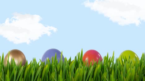 Animation-Von-Ostereiern-Im-Gras-über-Blauem-Himmel