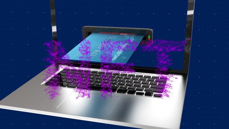 Animation of nft over laptop on navy background