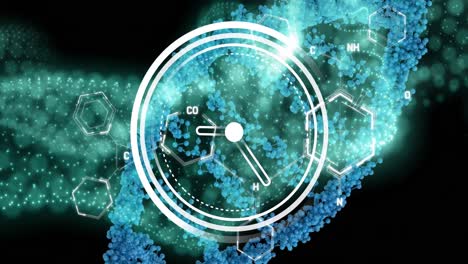 animation of digital clock over dots forming dna helixes and molecule structures on black background