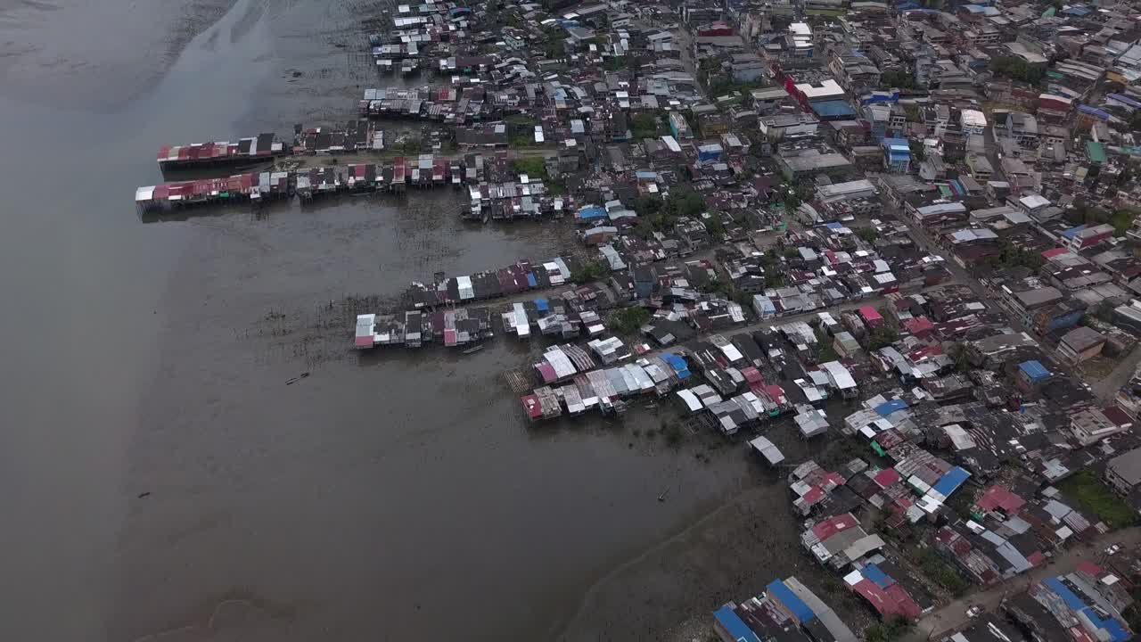 Aerial over slums of stilt houses in Buenaventura, Colombia