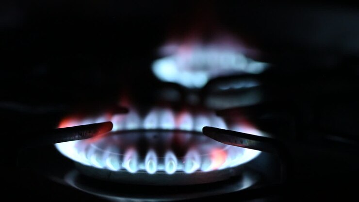 The blue flame from the burner of a gas stove