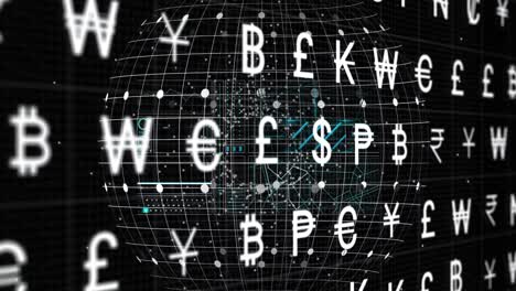 Animation-of-multiple-currency-symbols-over-spinning-globe-and-interface-with-data-processing