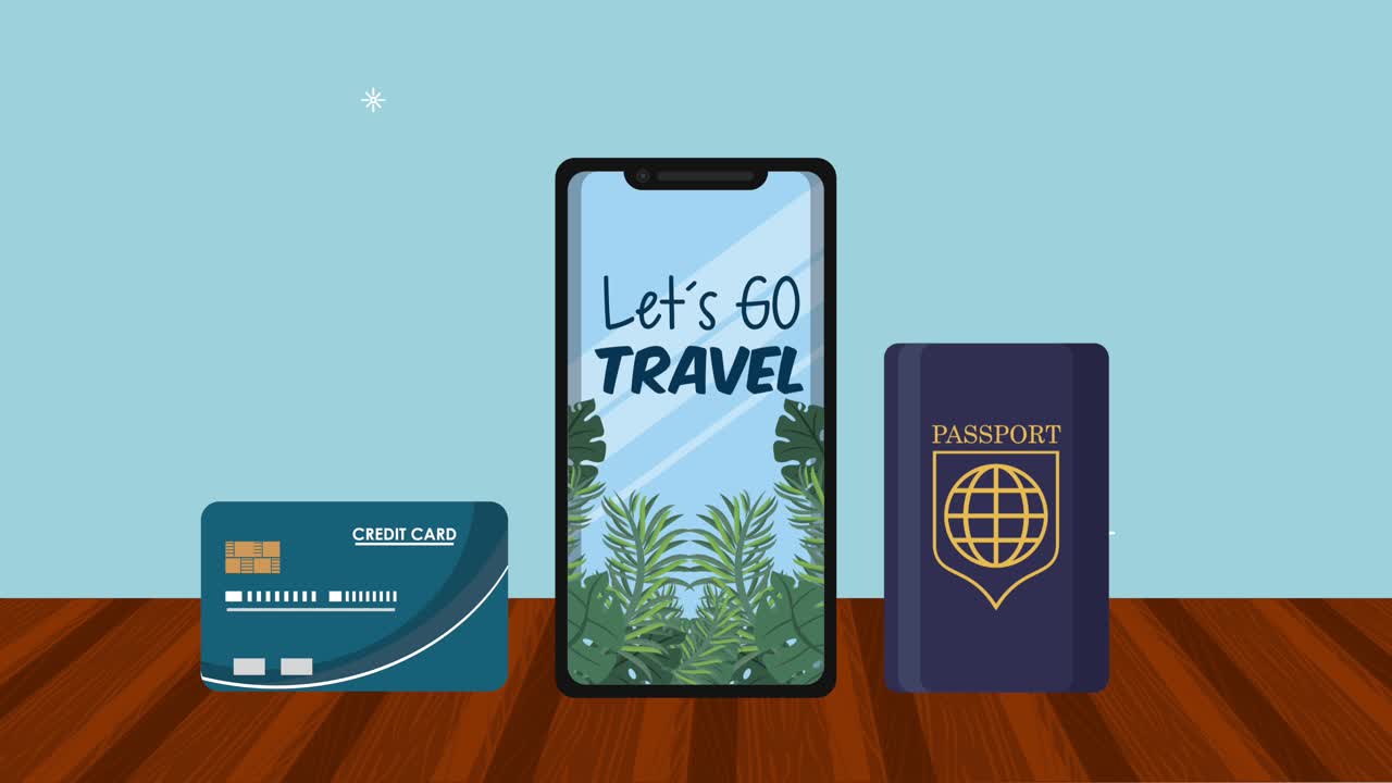lets go travel lettering in smartphone with passport and credit card