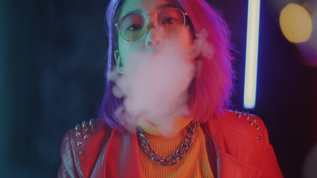 Woman with purple hair and neon lights, smoking