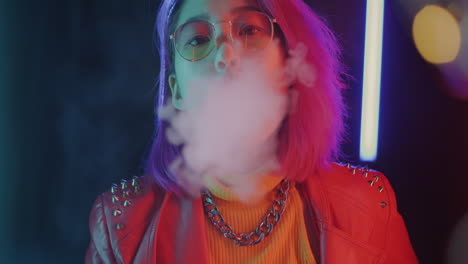 woman with purple hair and neon lights, smoking