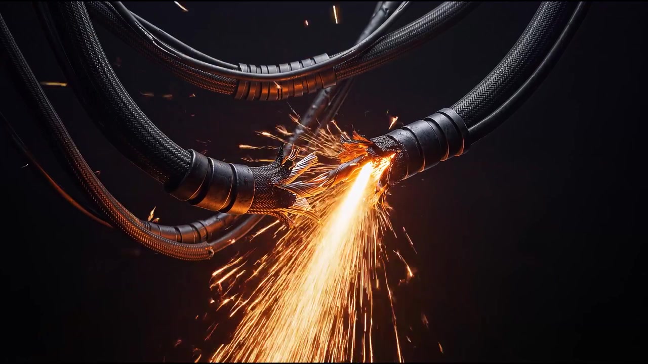 Damaged Electrical Cable Emitting Sparks and Fire
