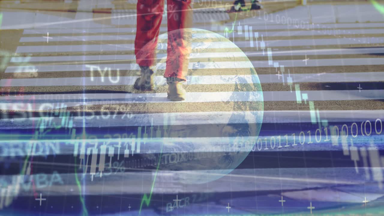 Globe and financial data processing over person crossing the street