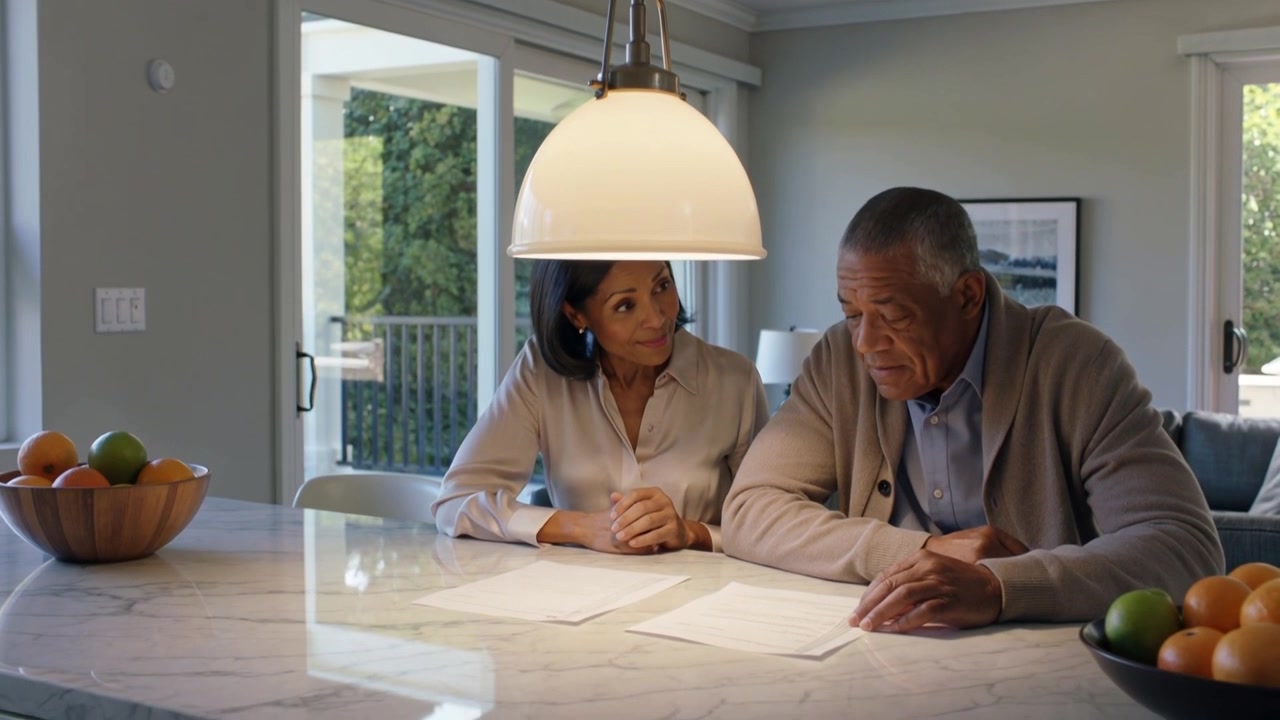 Starting review, senior couple in blouse and cardigan sorting papers at marble island, filing