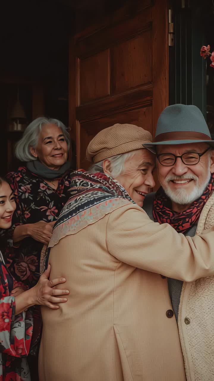 Vertical video: Approaching man hugging brother in hats at wooden door greeting with floral wreath