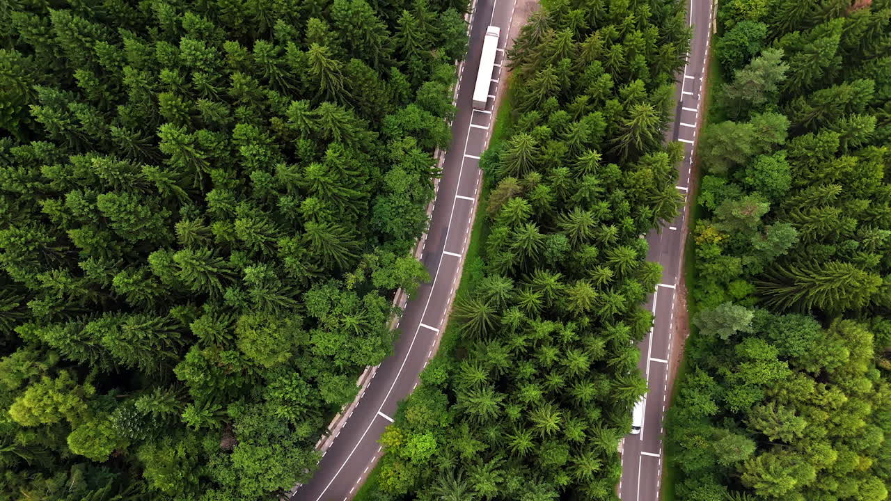 Long white truck rides by the wavy highway in the lush woods. Modern road in the mountainous area. Aerial view