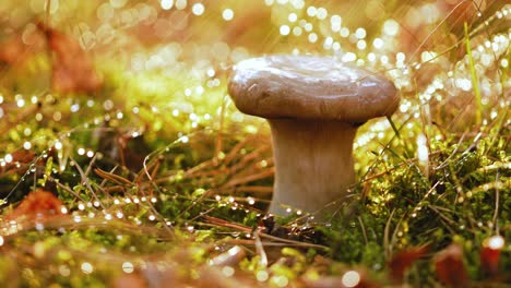 un boleto de hongo en un bosque soleado bajo la lluvia.