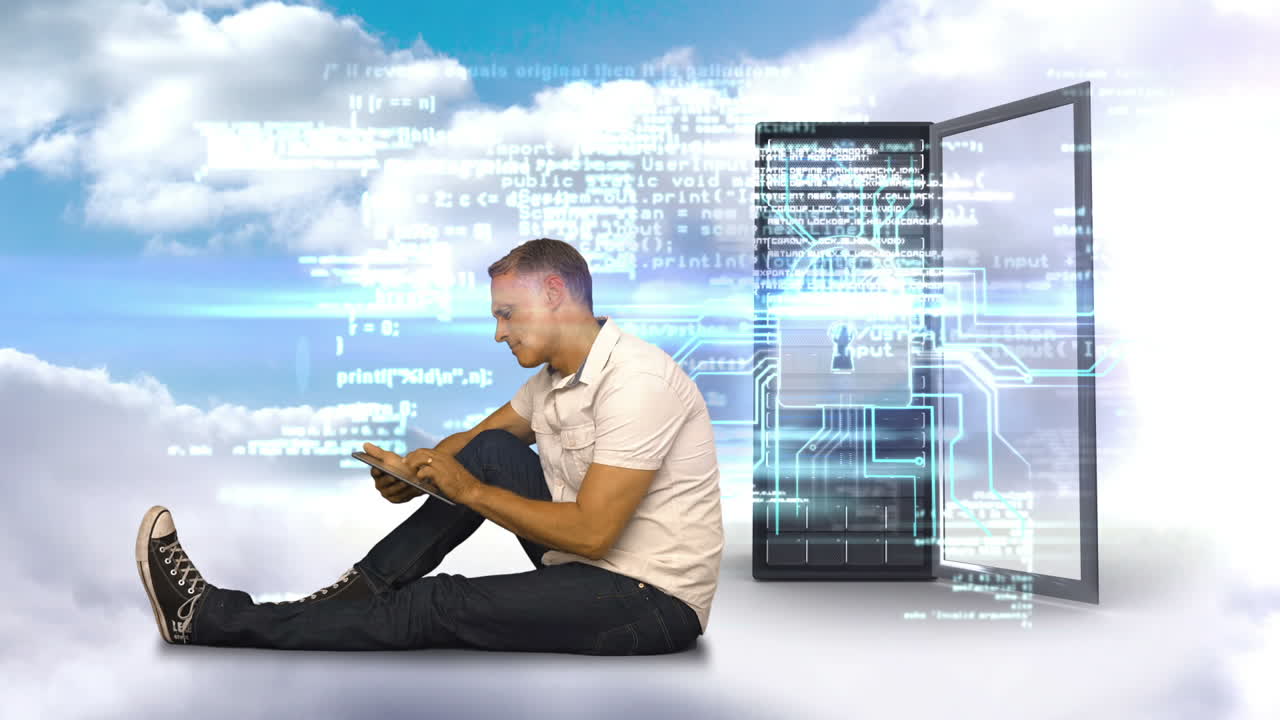 Casual man using his smartphone in front of server tower 