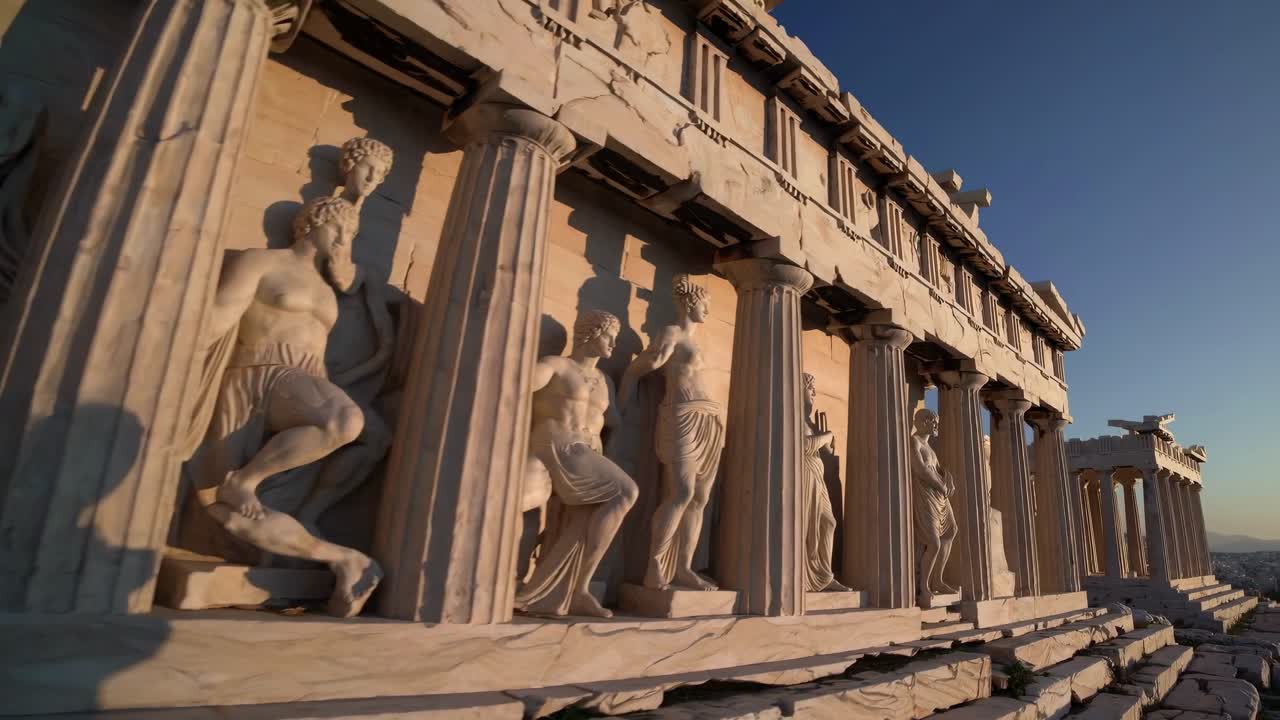 A low-angle video shot of ancient Greek columns and statues, capturing the grandeur and intricate