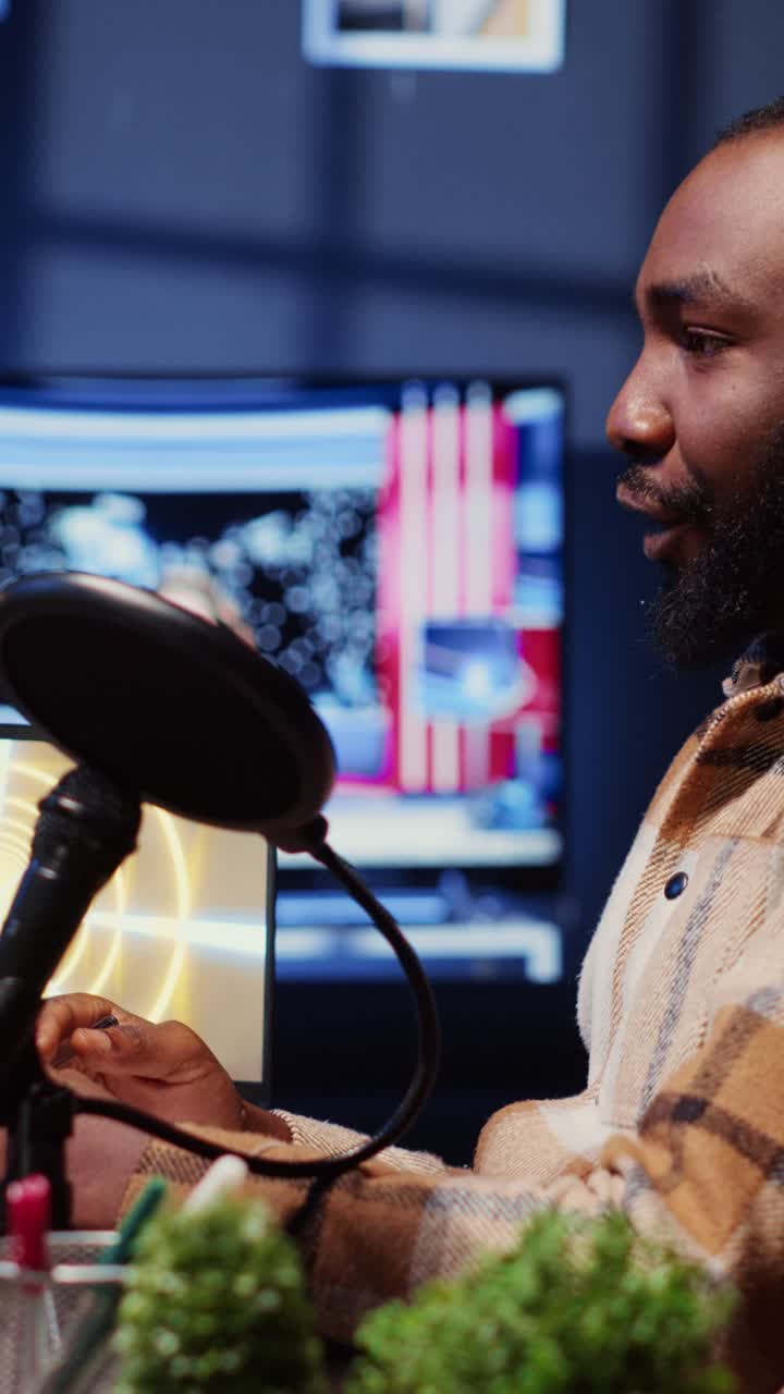 Vertical video Online show host speaking with guest during live broadcast for social media platforms