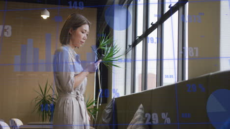 animación de gráficos y números cambiantes sobre mujer asiática de pie cerca de la ventana y el uso de teléfono celular