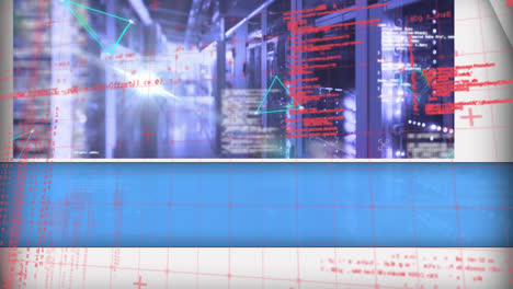 animación de formas abstractas de triángulo y procesamiento de datos contra la sala de servidores de computadoras