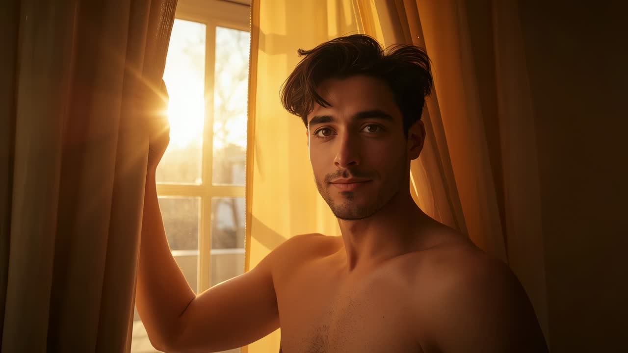 Uomo a torso nudo che tiene aperto un tendaggio dorato a una finestra e si volta verso la fotocamera, mentre il sole crea un lens flare