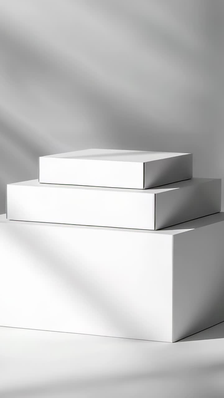 Vertical video: Camera zooming, panning three white boxes stacked in studio, with light bands
