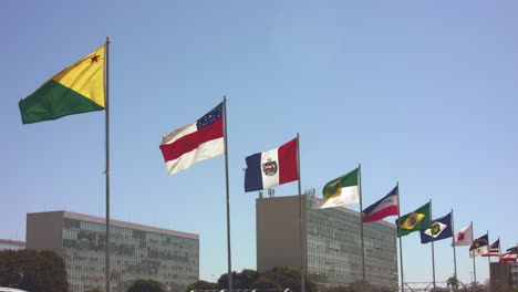 banderas estatales nacionales de muchas naciones con varios edificios del ministerio del gobierno brasileño en el fondo