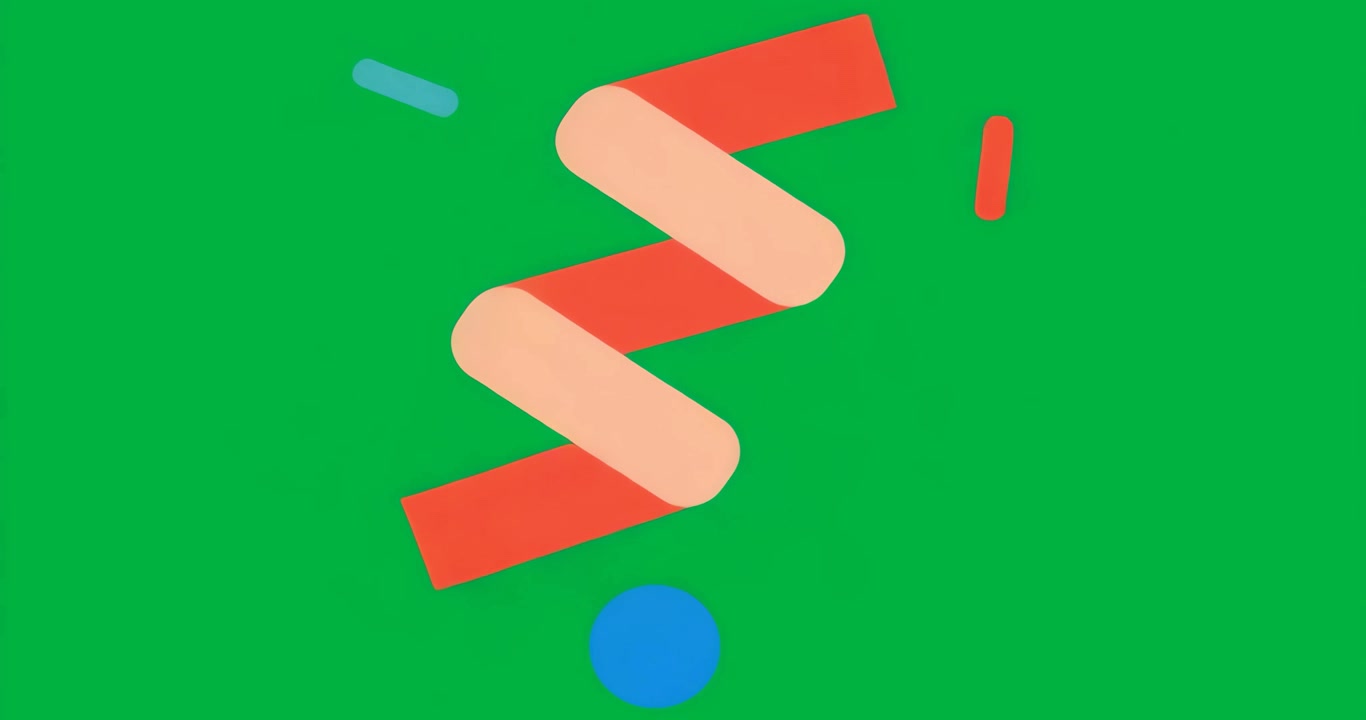 Twisting ribbon red-peach segments glowing near blue shapes on transparent background in technology