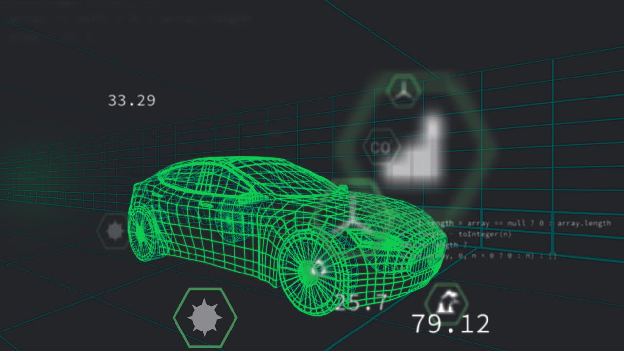 animación de múltiples iconos digitales sobre un modelo de coche 3d que se mueve en un patrón sin fisuras en un túnel