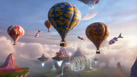 fantastical sky landscape with hot air balloons and floating islands
