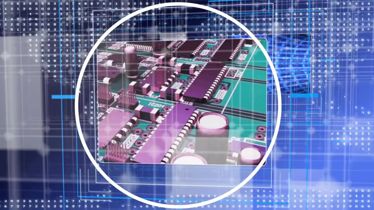 Avatar stilizzato che ruota e si inclina su un cerchio che si illumina, con pannelli che scorrono e rivelano un PCB.