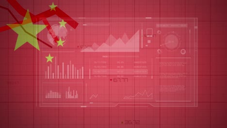 Animation-of-financial-data-and-graphs-on-screens-over-flag-of-china