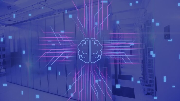 Animation of human brain, circuit board and data processing over computer servers