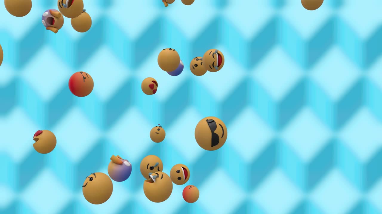 Animation of social media emoji icons flying over patterned blue background