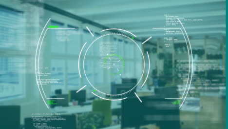 animation overlaying digital interface elements in modern office with green accents
