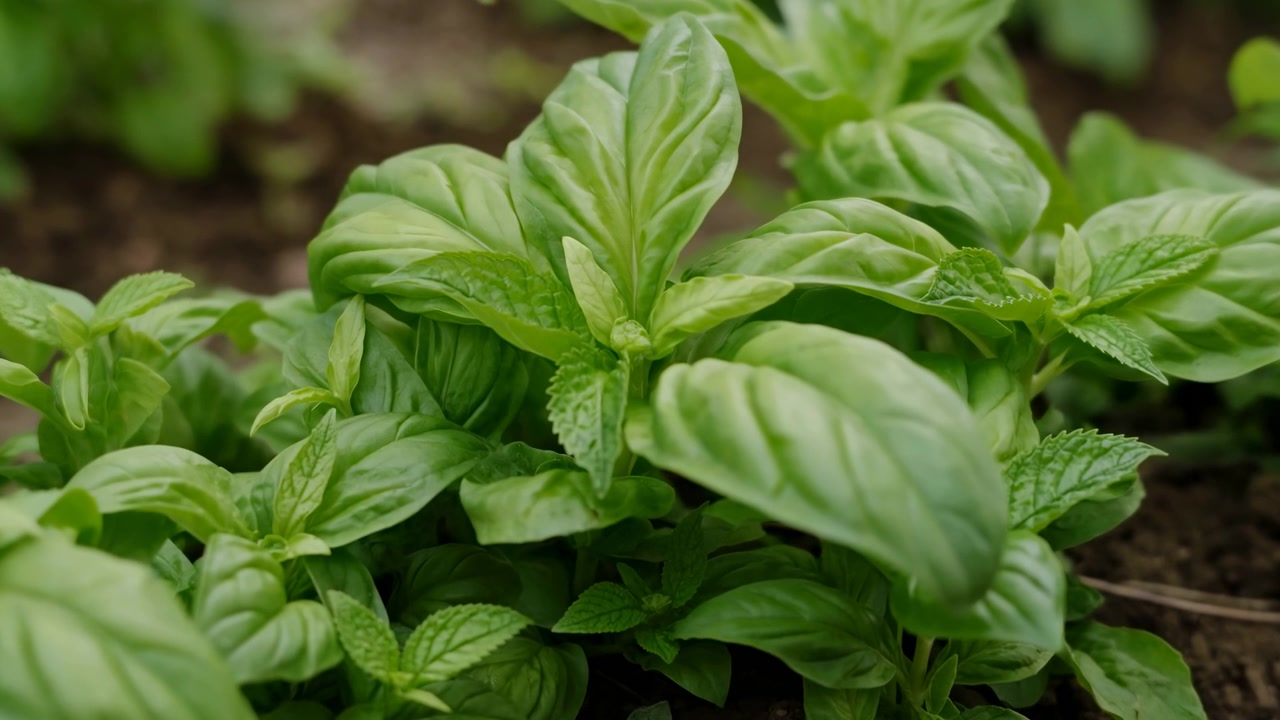 Foglie di basilico rigogliose nel terreno del giardino, primo piano di una crescita vegetale verde vibrante che mostra foglie dalla texture marcata, terra umida.