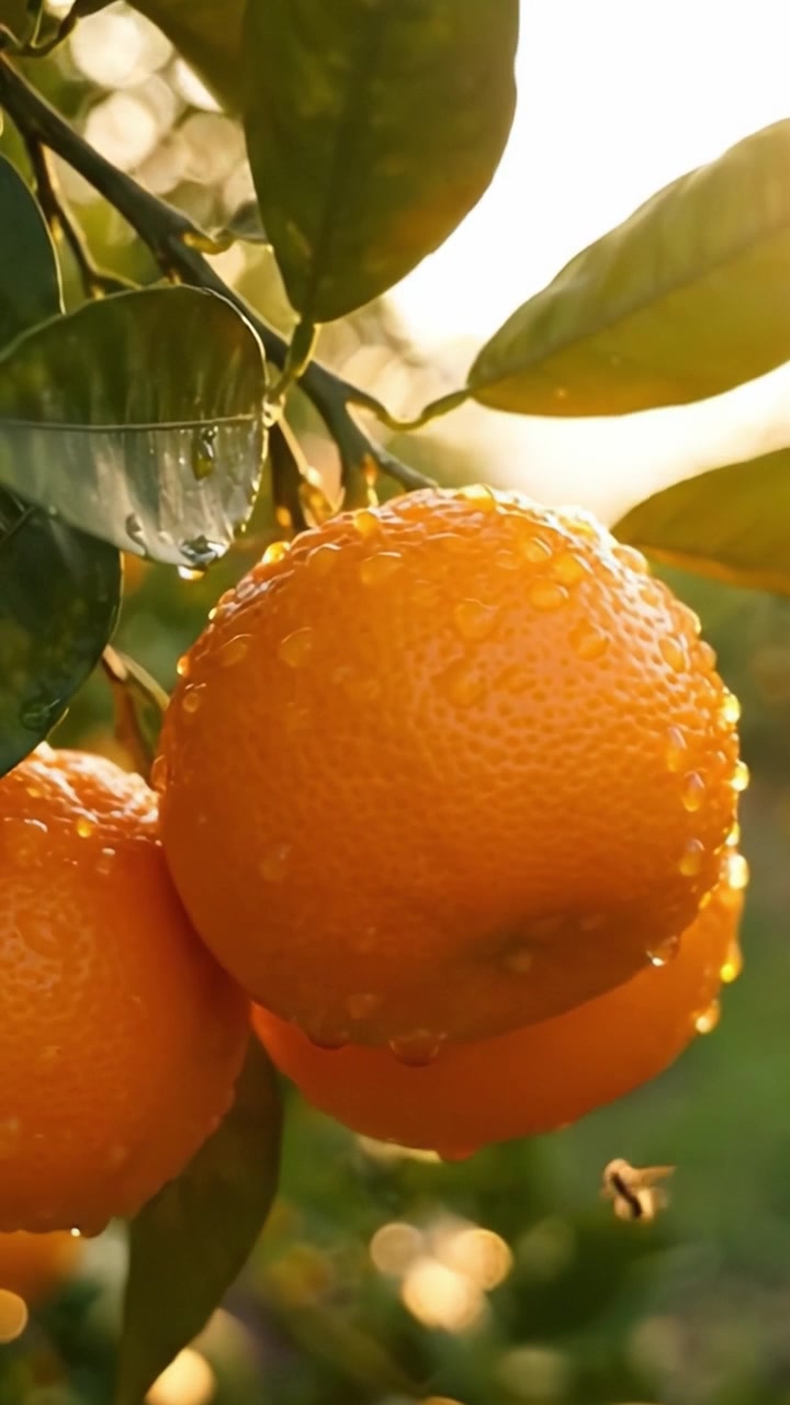 Primo piano vibrante di arance appena raccolte che brillano di rugiada mattutina, circondate da foglie verdi lussureggianti in un frutteto soleggiato