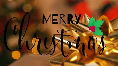 animación del texto de feliz navidad sobre decoraciones navideñas y puntos de luz.