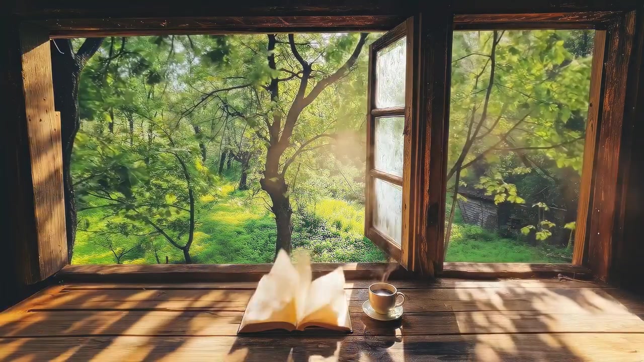 Livre ouvert et café fumant sur un rebord de fenêtre en bois avec vue sur une forêt